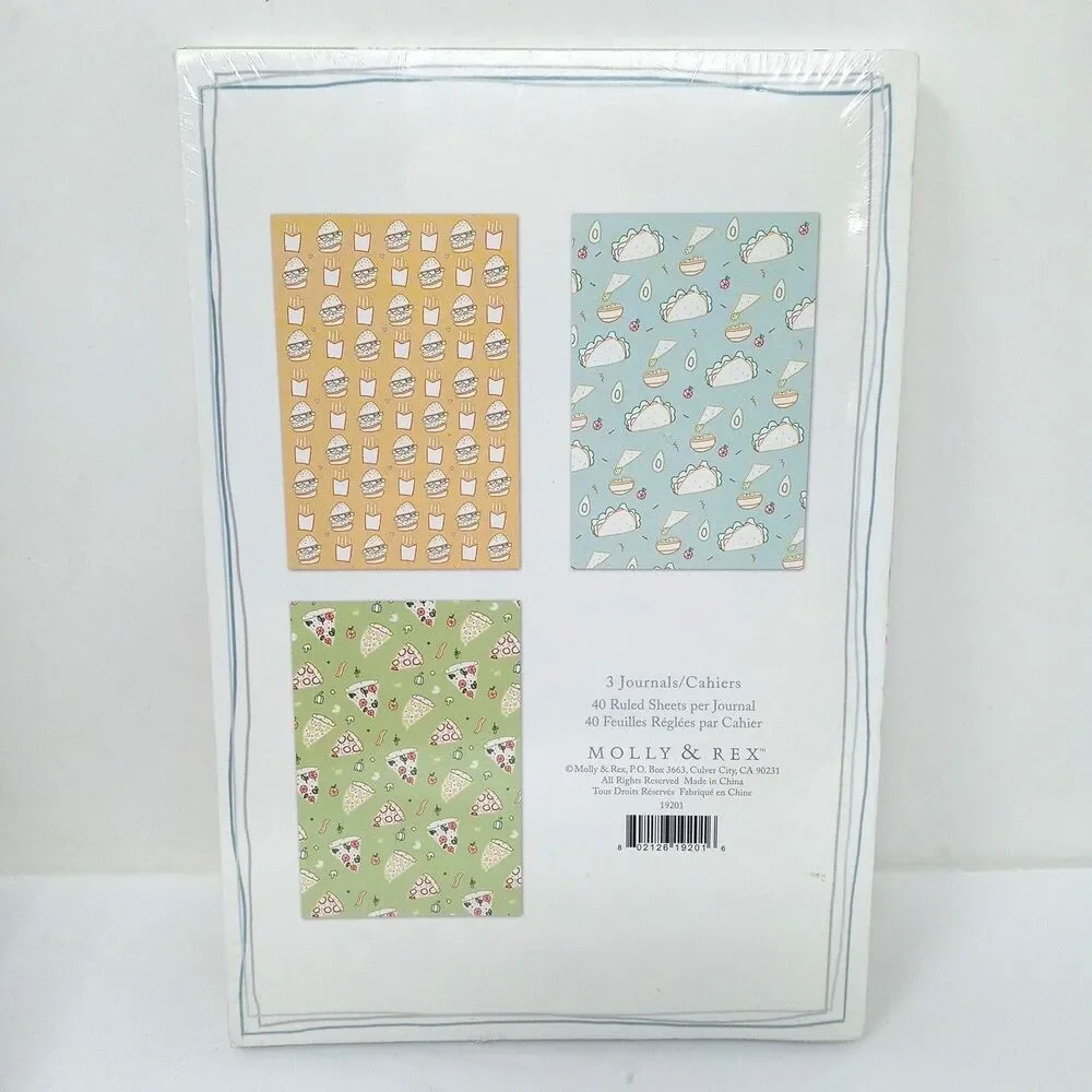 Pack of 3 Molly & Rex Staple Bound Journals Diary Ruled Hamburger Tacos Pizza